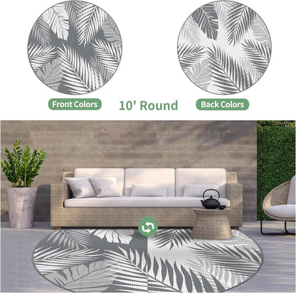 GENIMO Outdoor Rug 10' Round Waterproof for Patios Clearance, Reversible Outdoor Plastic Straw
