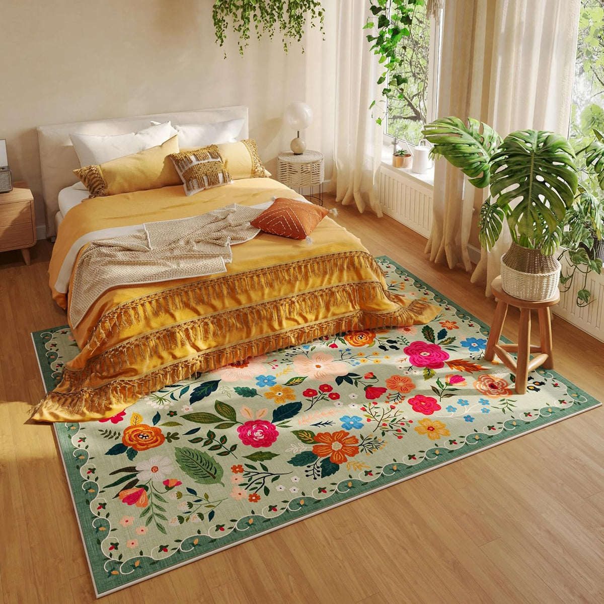 Living Room Rug 5x7 Rug Machine Washable Boho Area Rug Non Slip Floral Vintage Low Pile Large Rugs