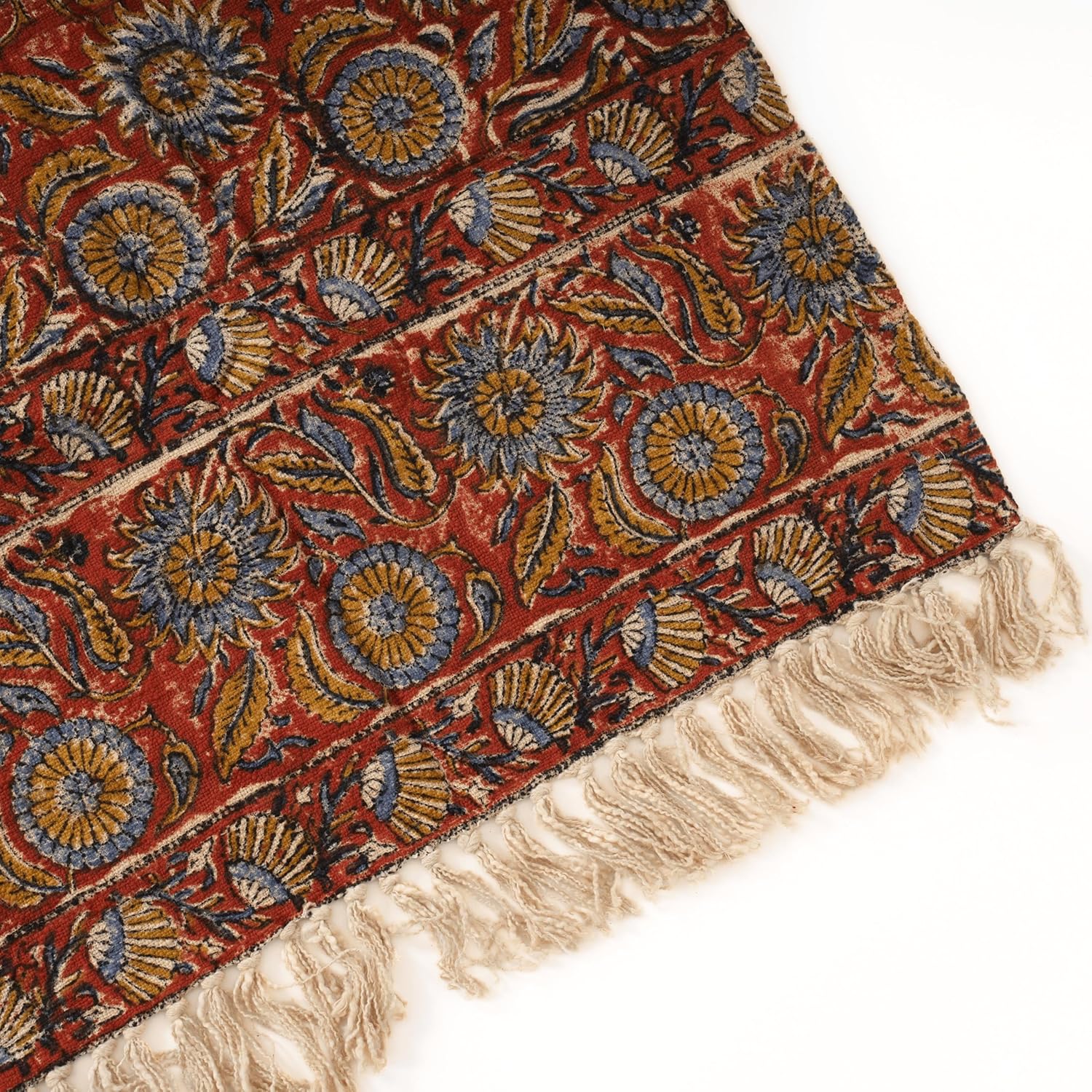 Handmade Cotton Throw Blanket | Floral Block Print in Orange & Navy | 48x70 Inches Fringed Bed