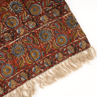 Handmade Cotton Throw Blanket | Floral Block Print in Orange & Navy | 48x70 Inches Fringed Bed
