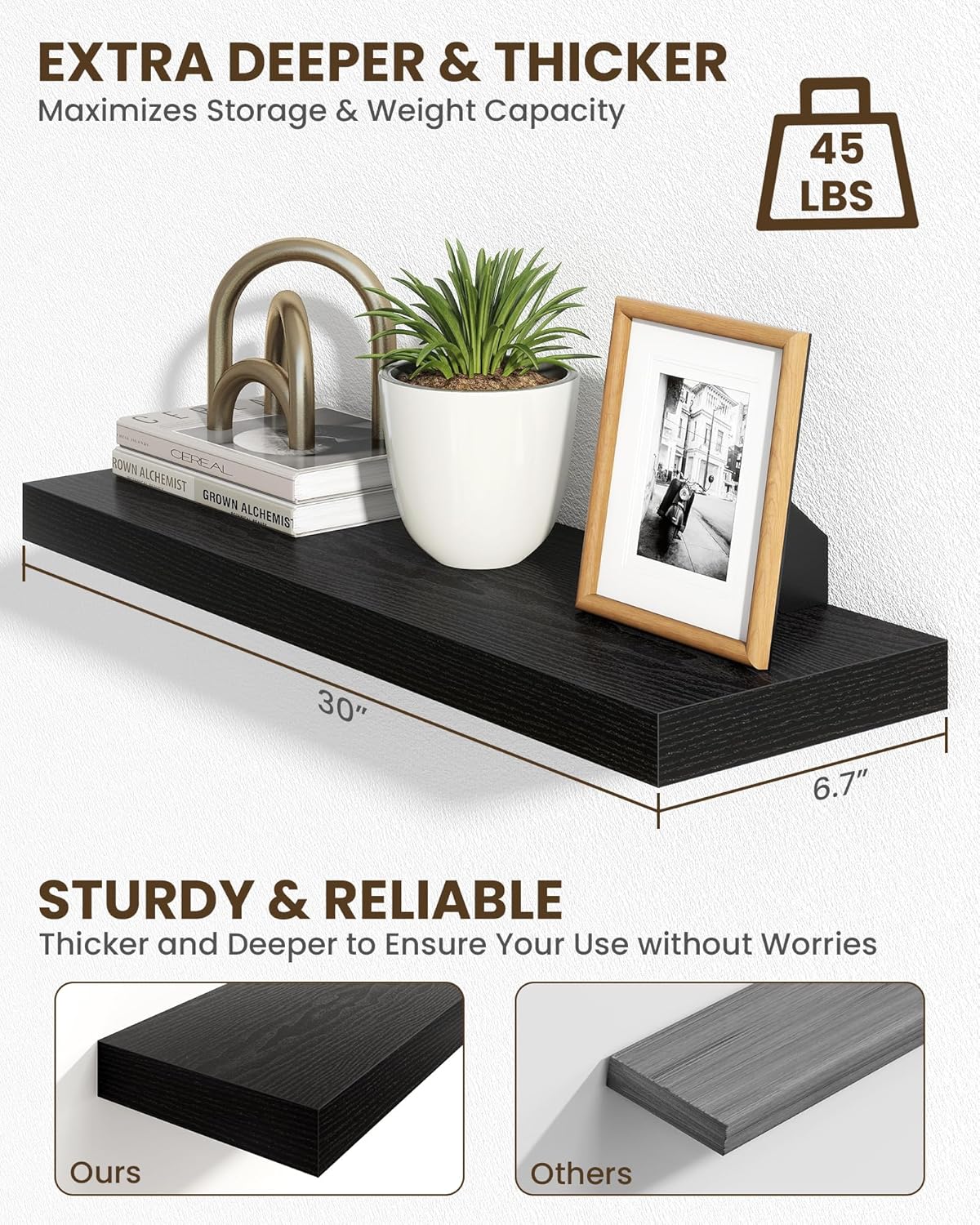 Marsmiles 30" Floating Shelves for Wall, Wooden Shelves with Invisible Brackets Set of 2, Rustic