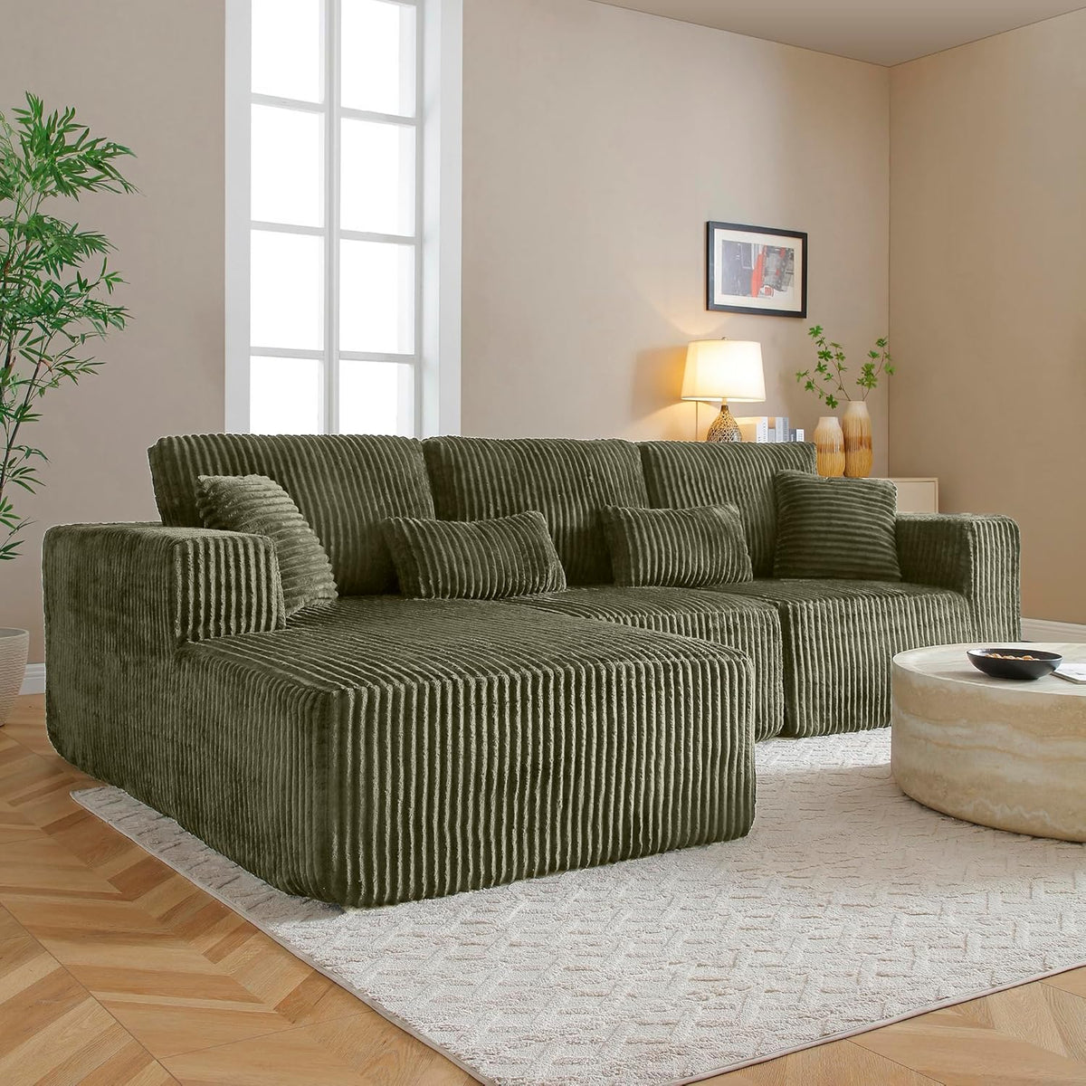 Modular Sectional Sofa Cloud Sectional Couch, 135" Comfy Fluffy L Shaped Olive Green Couches for