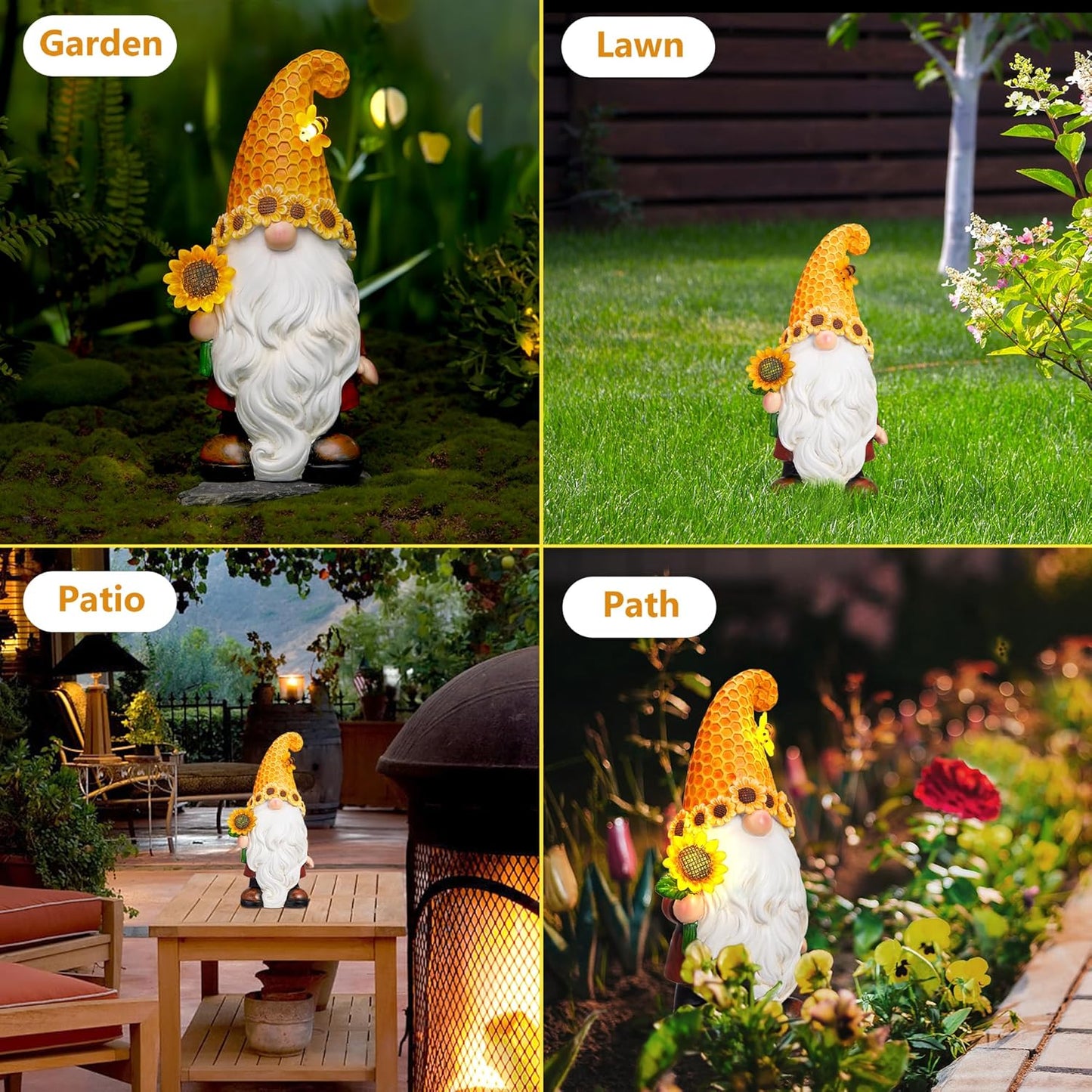 Garden Gnomes Outdoor - Sunflower Gnome Statue with Solar LED Lights for Yard, Patio, Lawn