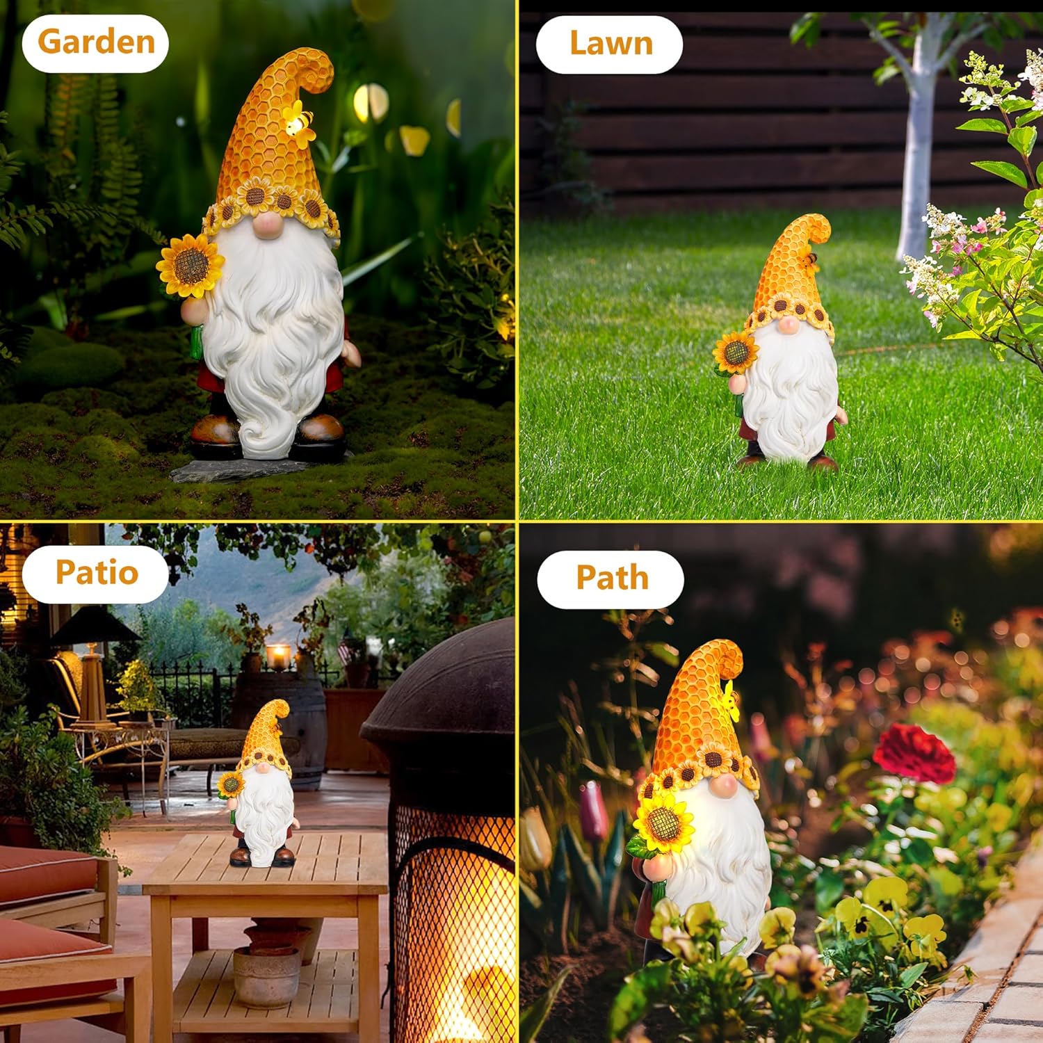 Garden Gnomes Outdoor - Sunflower Gnome Statue with Solar LED Lights for Yard, Patio, Lawn