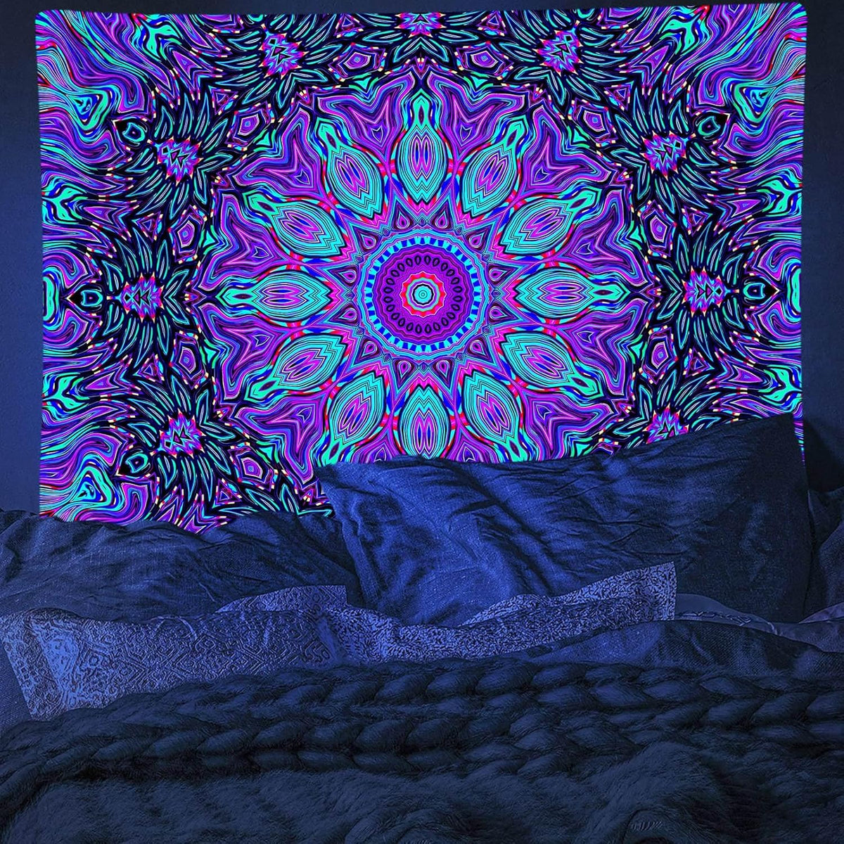 PSYHILAR Blacklight Mandala Tapestry for Bedroom, Psychedelic Black Light Posters for Adults and