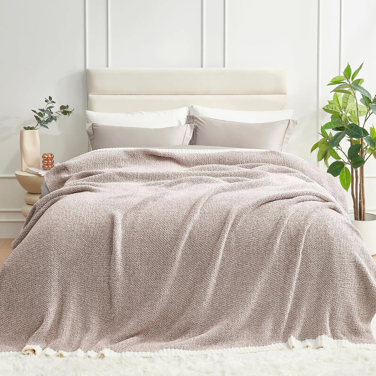 Snuggle Sac Queen Size Bedding Blanket Taupe,Super Soft Warm Microfiber Blankets Cozy Knit Fuzzy