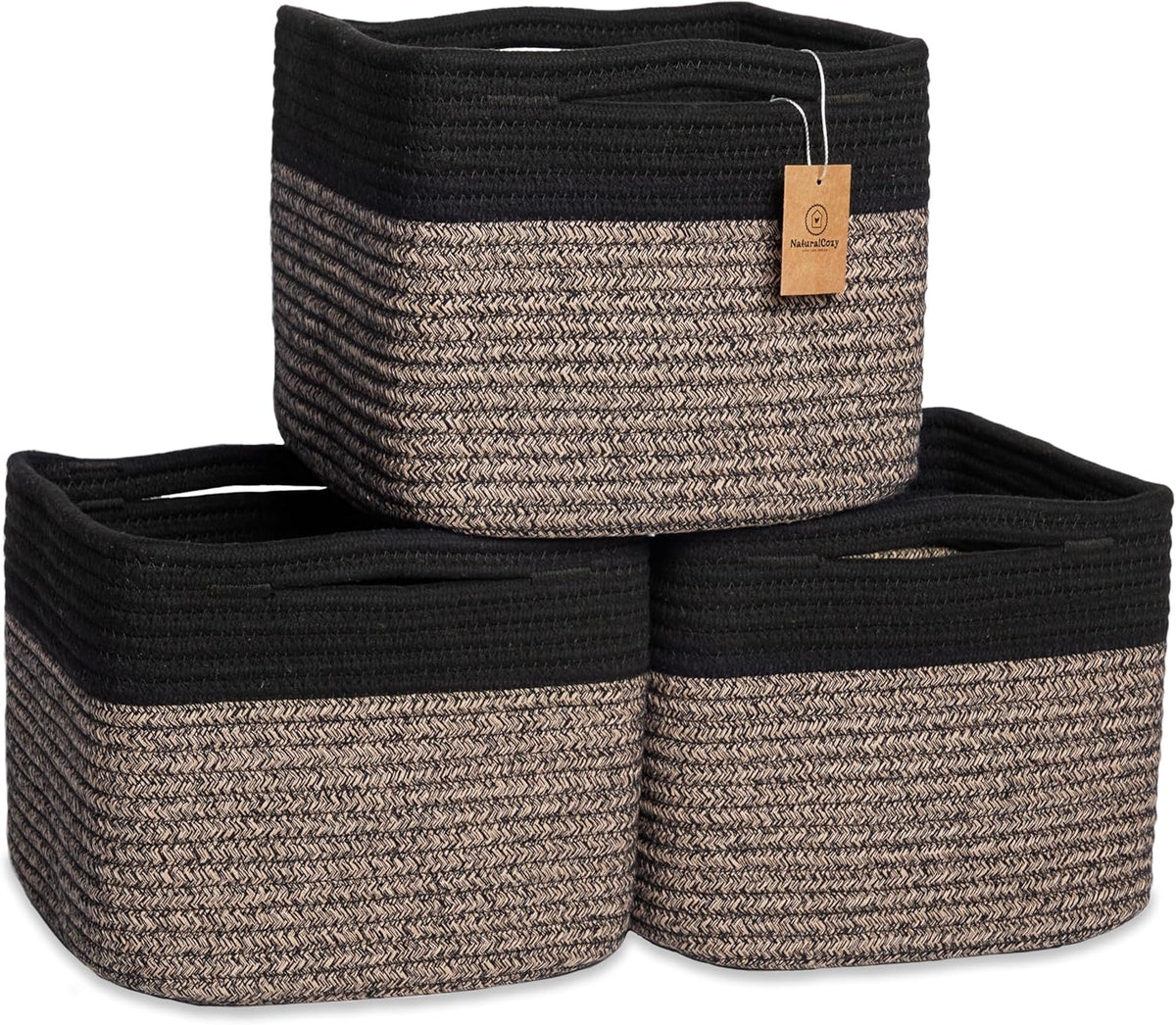 NaturalCozy Storage Cubes 9”x9”x7”Cotton Rope Woven Baskets for Organizing 3-Pack | 9 Inch Cube