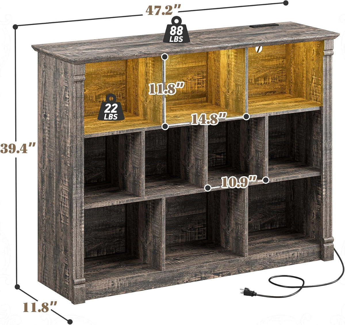 EnHomee 10 Cube Storage Organizer with LED Light and Charging Station Wood Cube Shelf Display