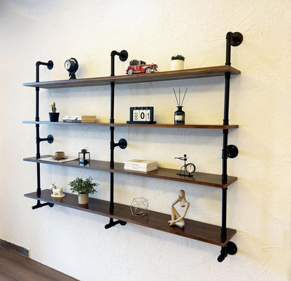 Industrial Pipe Wall Shelves With Real Wood Plank, 70 Inches Floating Shelves for Wall, 4 Tier
