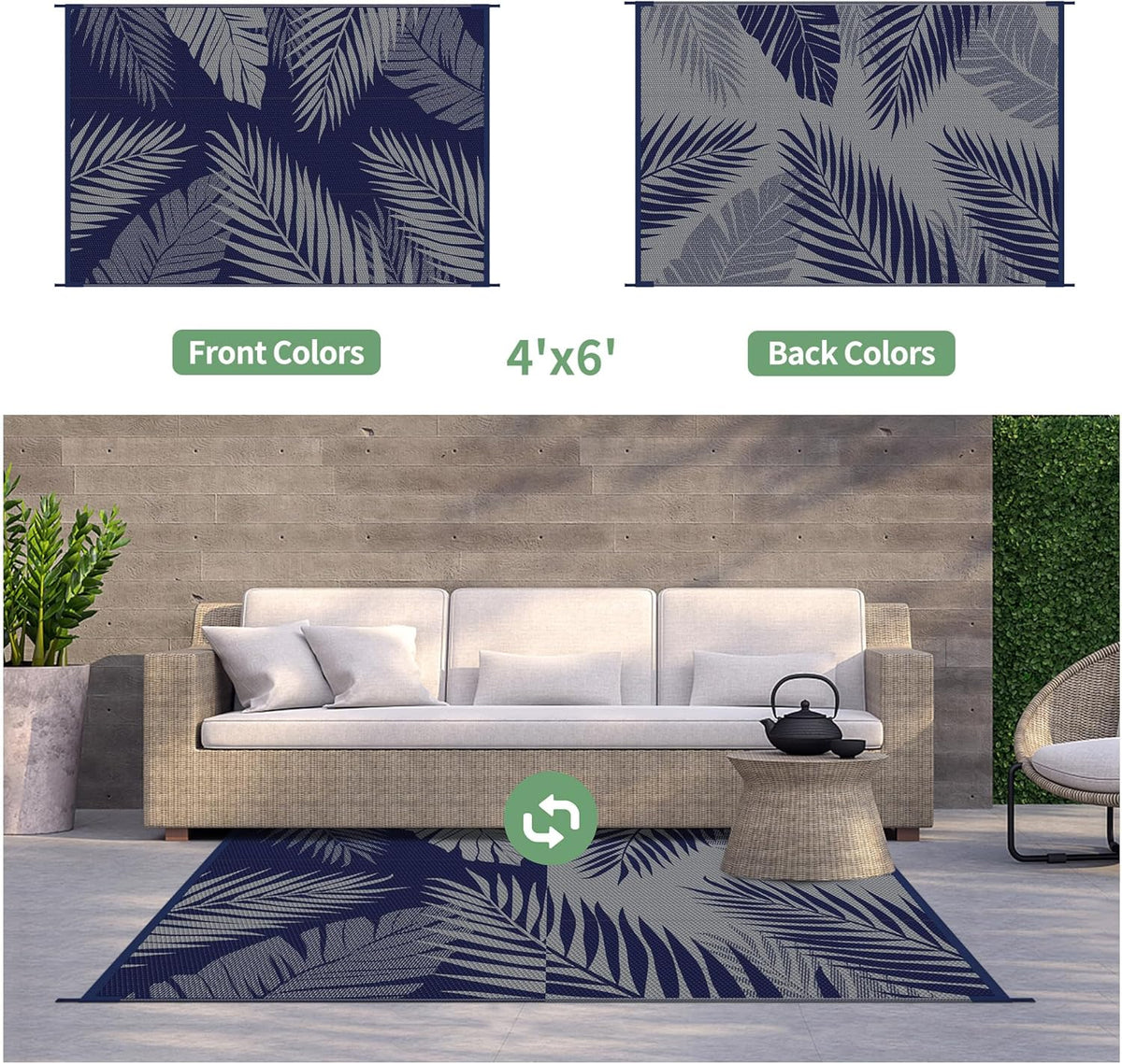 GENIMO Outdoor Rug 4' x 6' Waterproof for Patios Clearance, Reversible Outdoor Plastic Straw