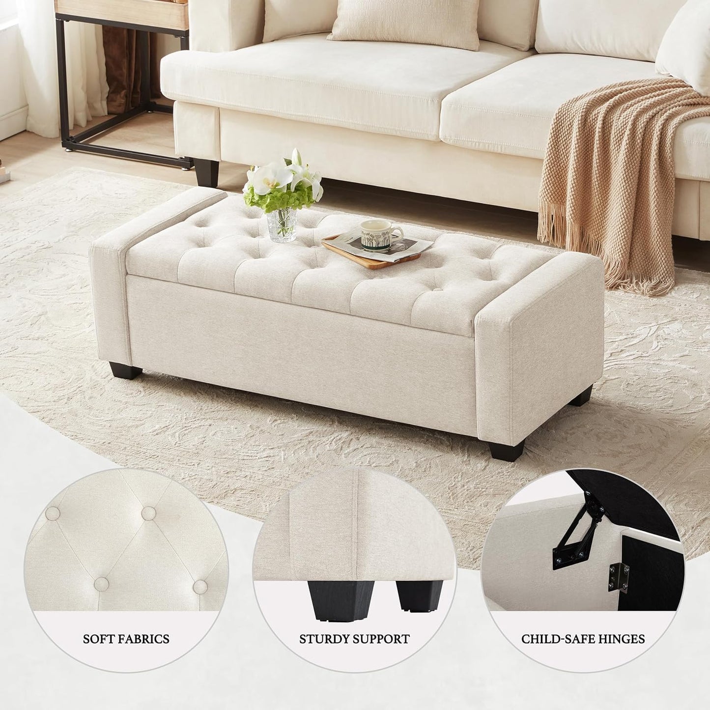 48" Ottoman with Storage, Storage Ottoman Bench with Safety Hinge, Upholstered Entryway Bench with