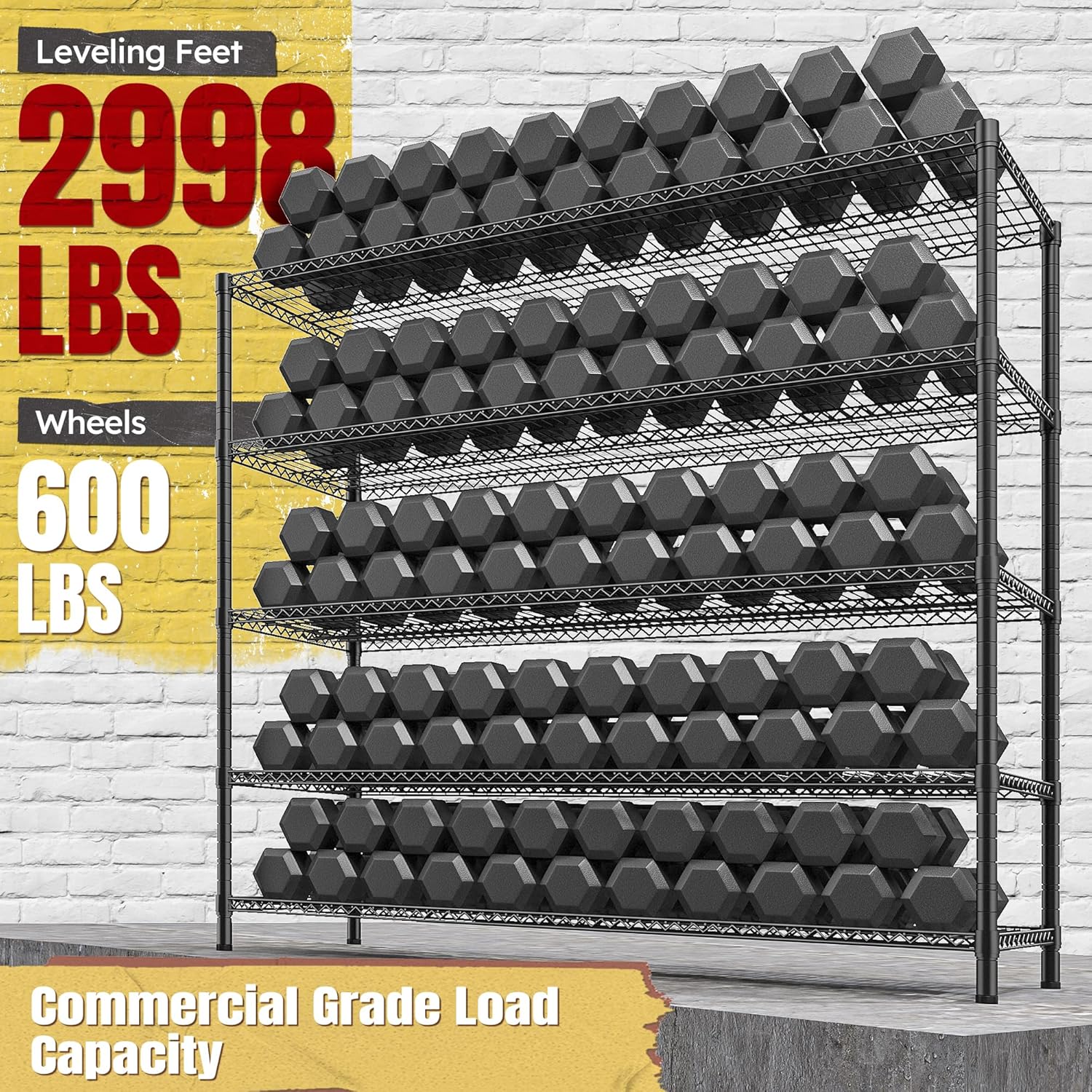 REIBII 85.7" H Storage Shelves 2998LBS Metal Shelving Unit with Wheels & Feet, 5 Tier Garage