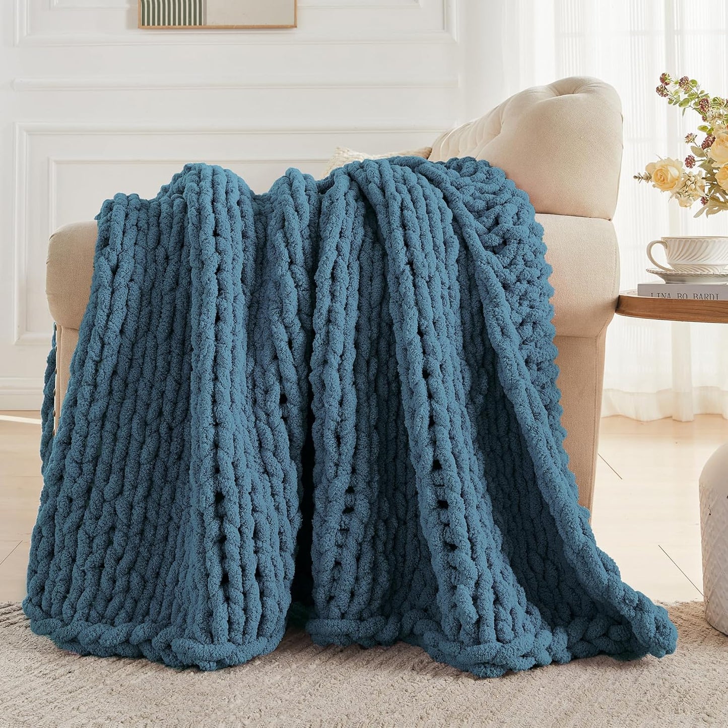 Carriediosa Chunky Knit Throw Blanket 60" X 80" Twin, 100% Hand Made Large Chenille Loop Yarn Soft