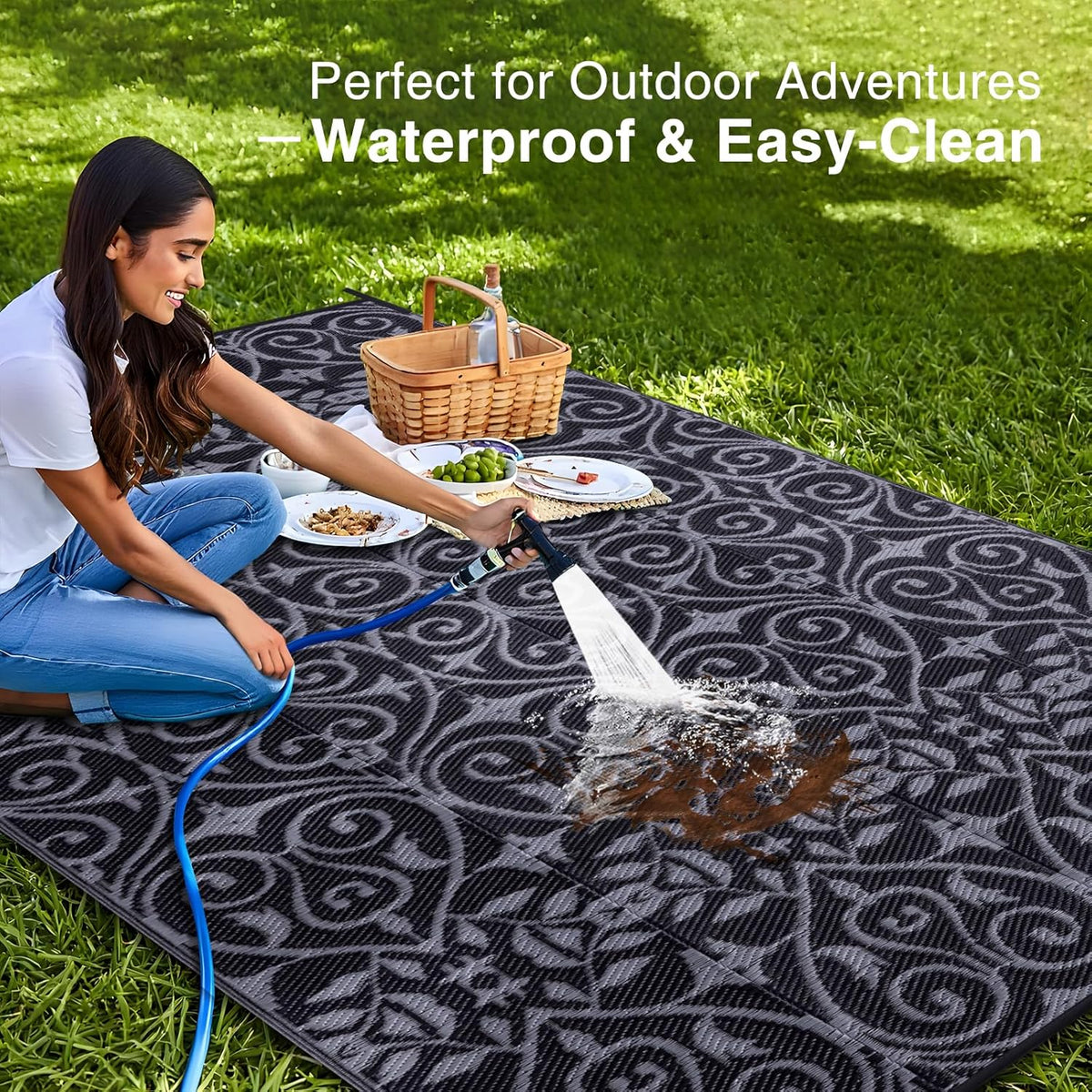 OLANLY Outdoor Rug Waterproof 9x12 ft Clearance, Reversible Outdoor Plastic Straw Rug with Floral