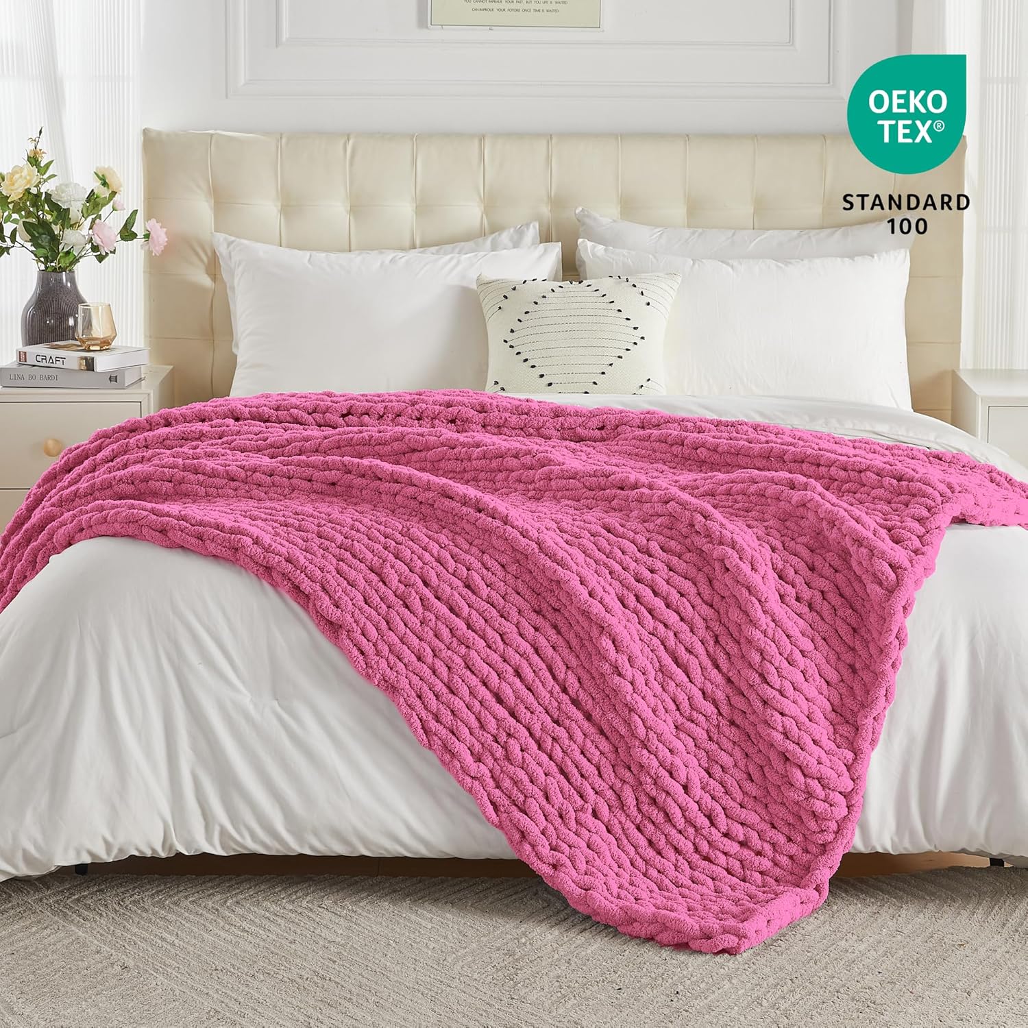 Carriediosa Chunky Knit Throw Blanket 50" X 60", 100% Hand Made Large Chenille Loop Yarn Soft