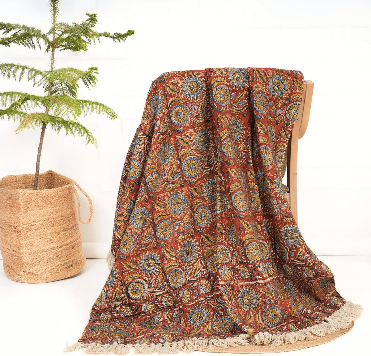 Handmade Cotton Throw Blanket | Floral Block Print in Orange & Navy | 48x70 Inches Fringed Bed