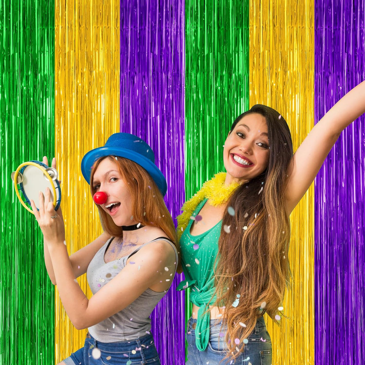 2 Pack Mardi Gras Tinsel Backdrop, 3.28 FT x 7.05 FT Metallic Fringe Curtain, Purple Gold Green