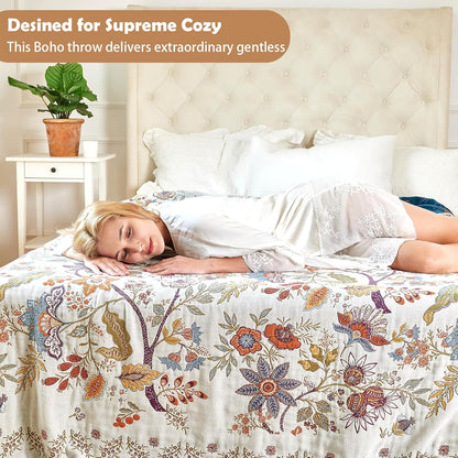 Boho Throw Blanket, 100% Organic Cotton Breathable Ultra Soft Bed Quilt Throw - All Season Floral