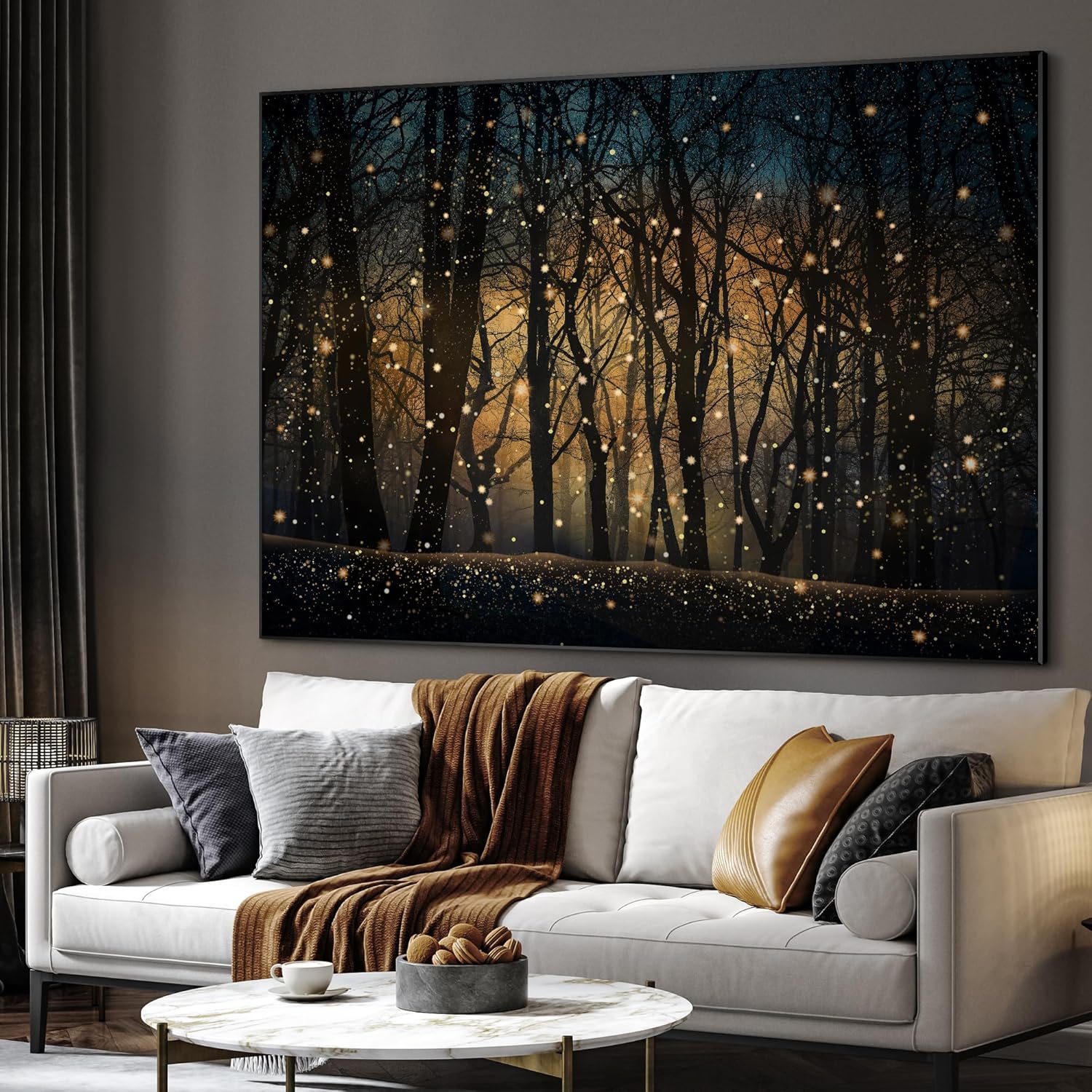 SIGNWIN 36"x46" Extra Large Framed Wall Art Magical Firefly Night Forest, Enchanted Woodland Scene