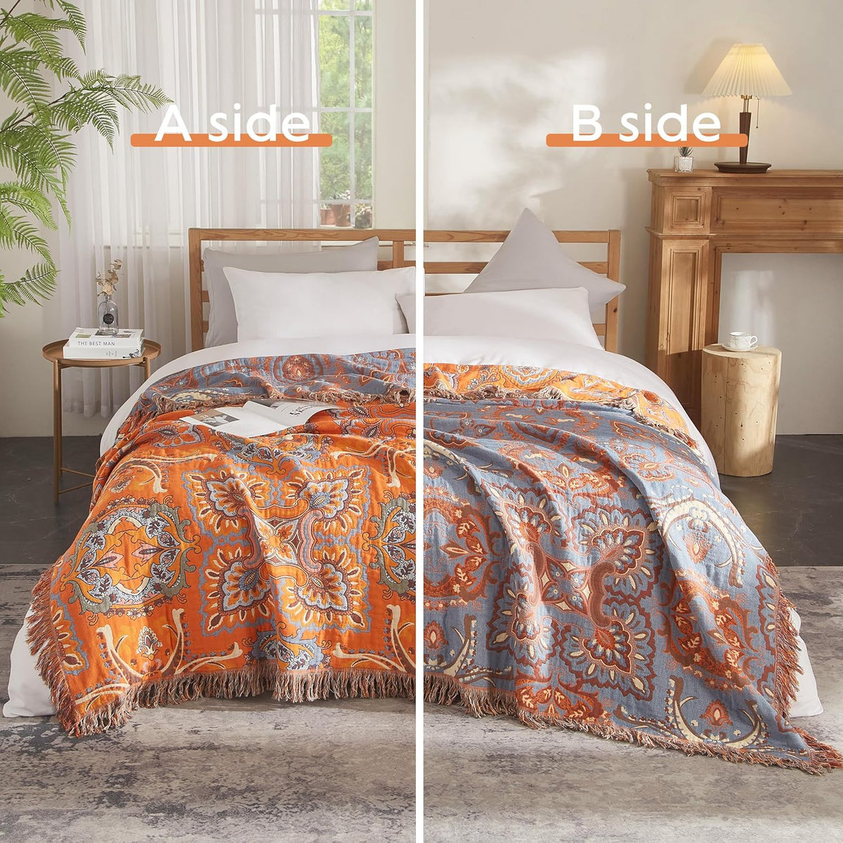 Boho Throw Blanket for Bed 80”x90”, 100% Cotton Woven Blanket for Couch Sofa, Ultra Soft 4-Layer