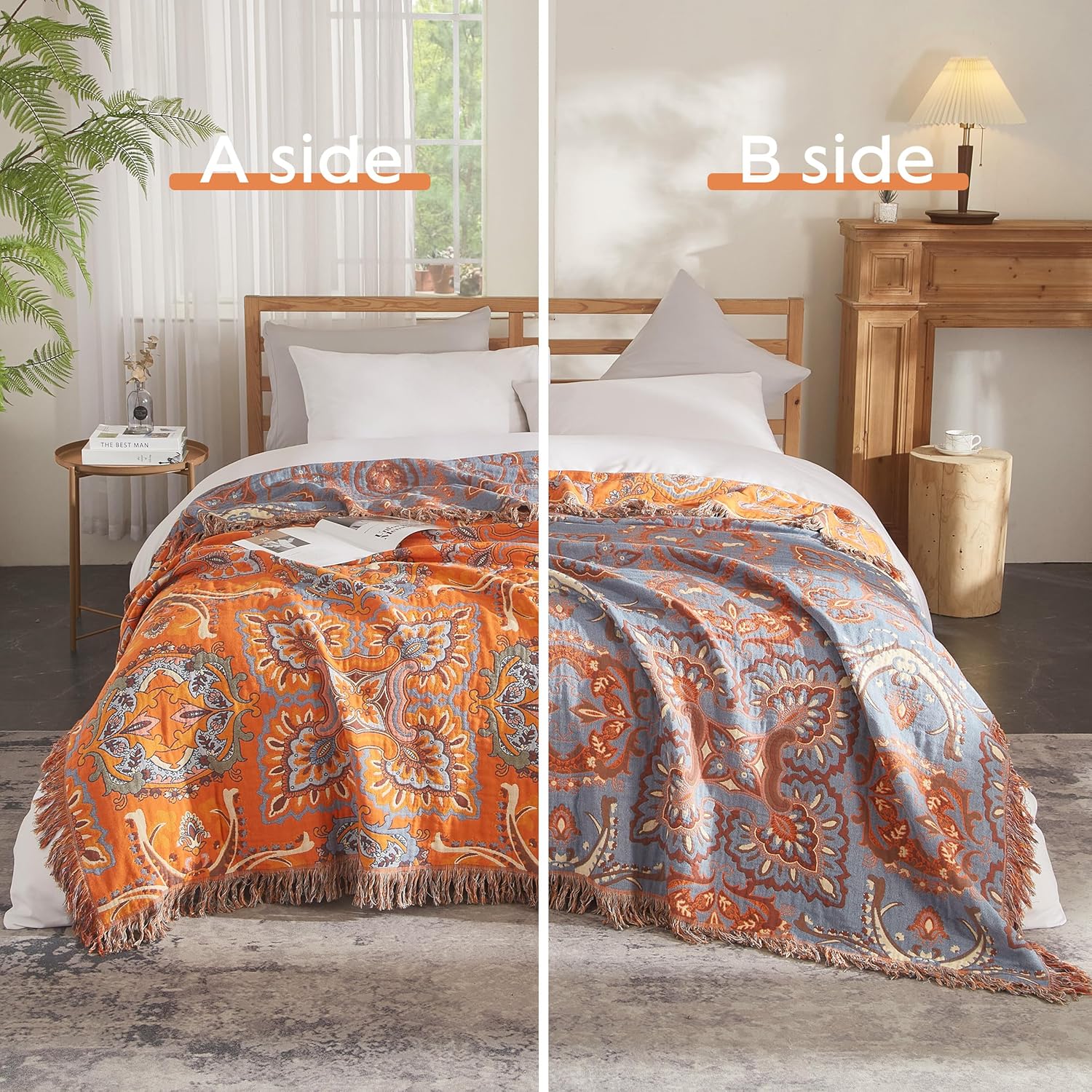 Boho Throw Blanket for Bed 80”x90”, 100% Cotton Woven Blanket for Couch Sofa, Ultra Soft 4-Layer