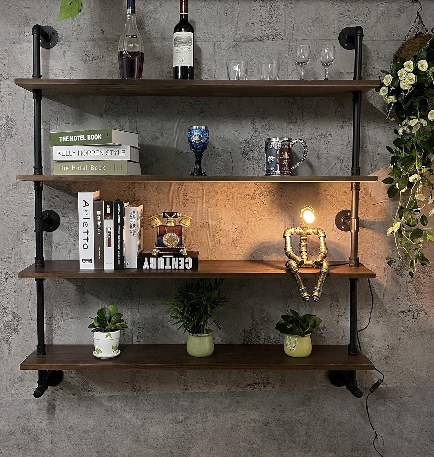 Industrial Pipe Wall Shelves With Real Wood Plank, 48 Inches Floating Shelves for Wall, 4 Tier