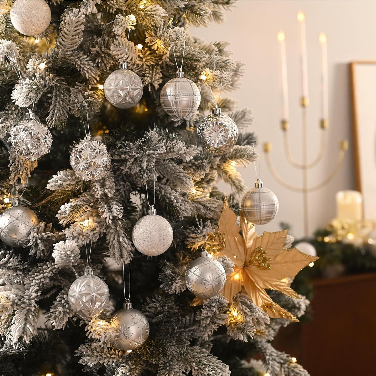 Valery Madelyn Ornaments for Christmas Trees, 16ct 2.36 Inches White and Silver Shatterproof