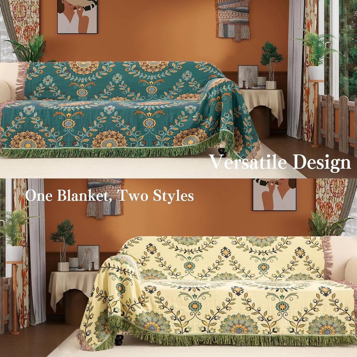 Boho Throw Blanket Twin Size, Soft Cozy Cotton Muslin Quilt Blanket for Bed Decor, Floral Patterned