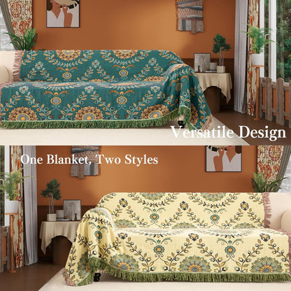 Boho Throw Blanket Twin Size, Soft Cozy Cotton Muslin Quilt Blanket for Bed Decor, Floral Patterned