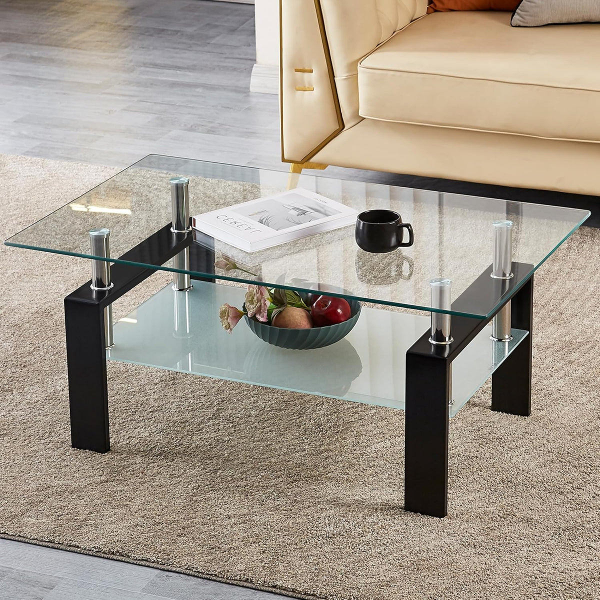 Glass Coffee Table for Living Room, 2 Layer Center Table with Clear Rectangle Tempered Glass Top