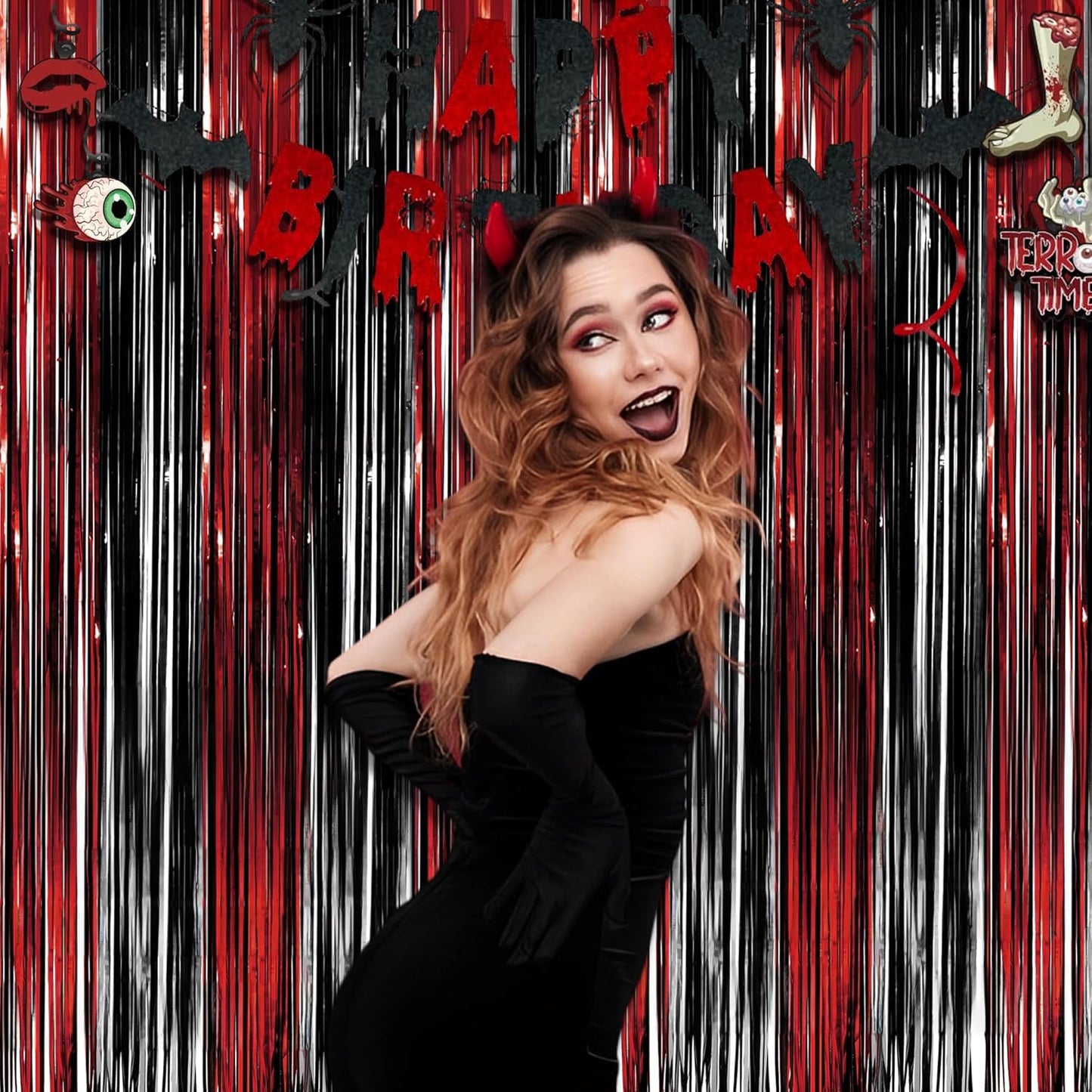 Black Red Party Streamers Backdrop - GREATRIL Foil Fringe Tinsel for Stranger/Friday
