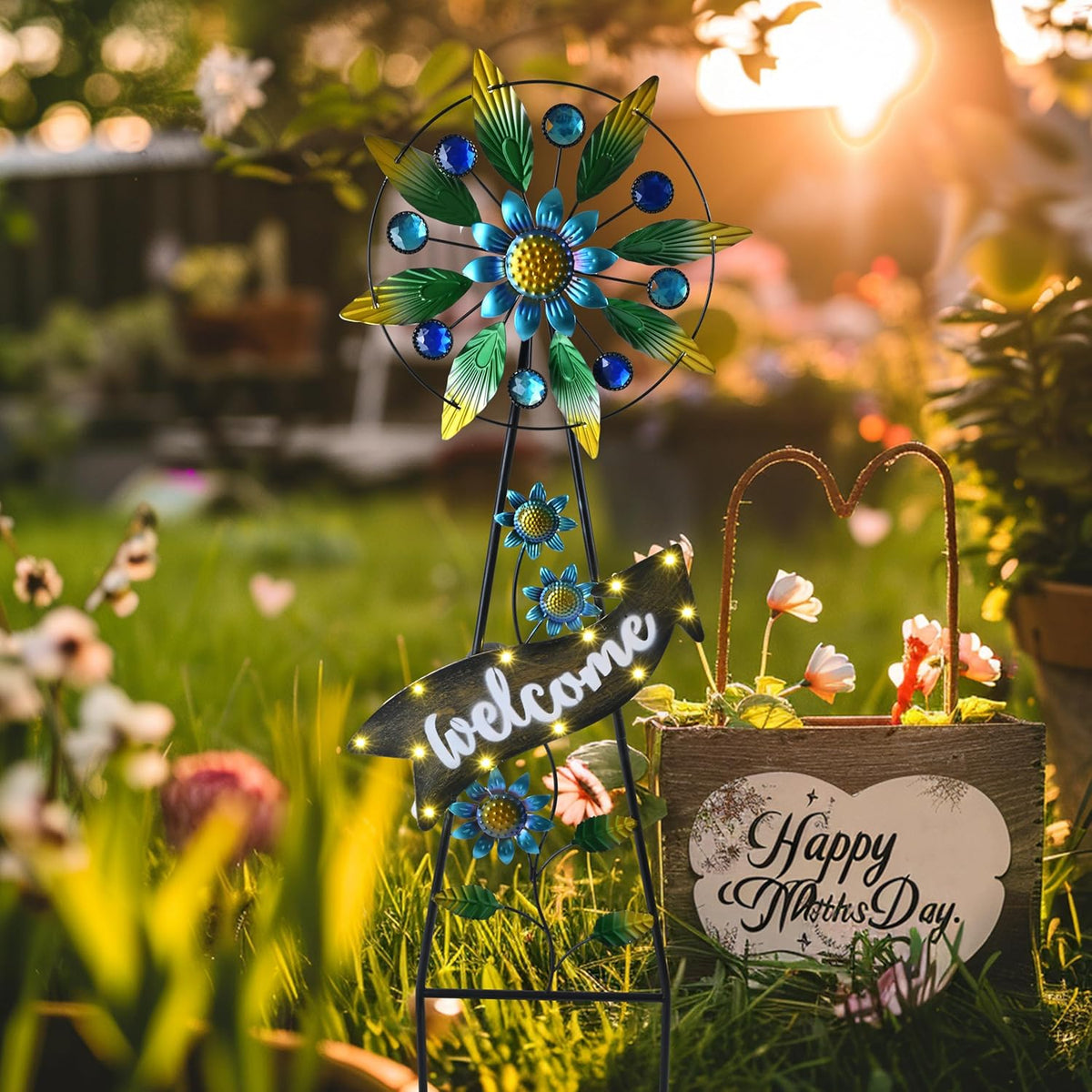 TERESA'S COLLECTIONS Hummingbird Garden Solar Stake, Wind Spinner Yard Art Sign for Outdoor Decor