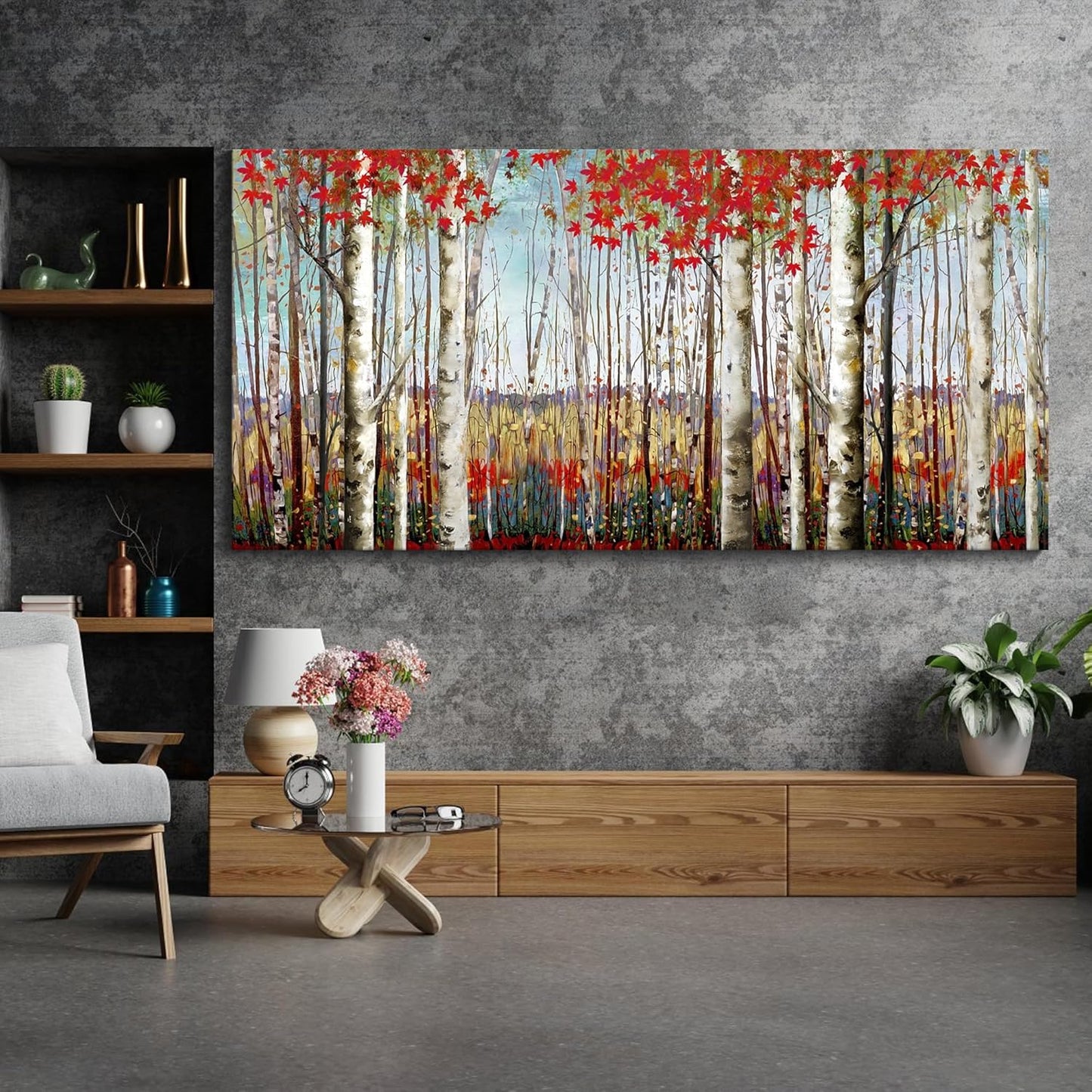 Canvas Wall Art for Living Room Bedroom Modern Wall Decor of Red Leaves White Birch Tree Forest