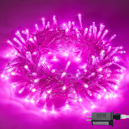 JMEXSUSS Connectable 100 LED Room Lights, 33ft 8 Modes Pink Christmas Lights Clear Wire, Plug in