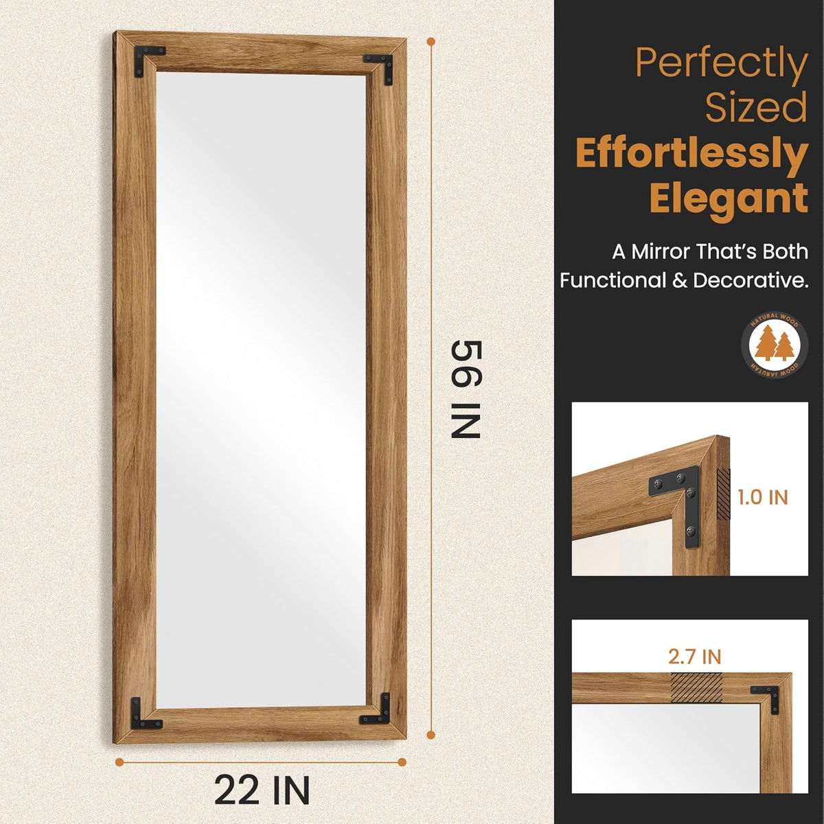 Full Length Mirror with Wooden Frame, 56"X22" Solid Wood Standing Floor Mirror for Farmhouse