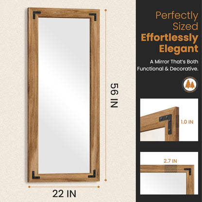 Full Length Mirror with Wooden Frame, 56"X22" Solid Wood Standing Floor Mirror for Farmhouse