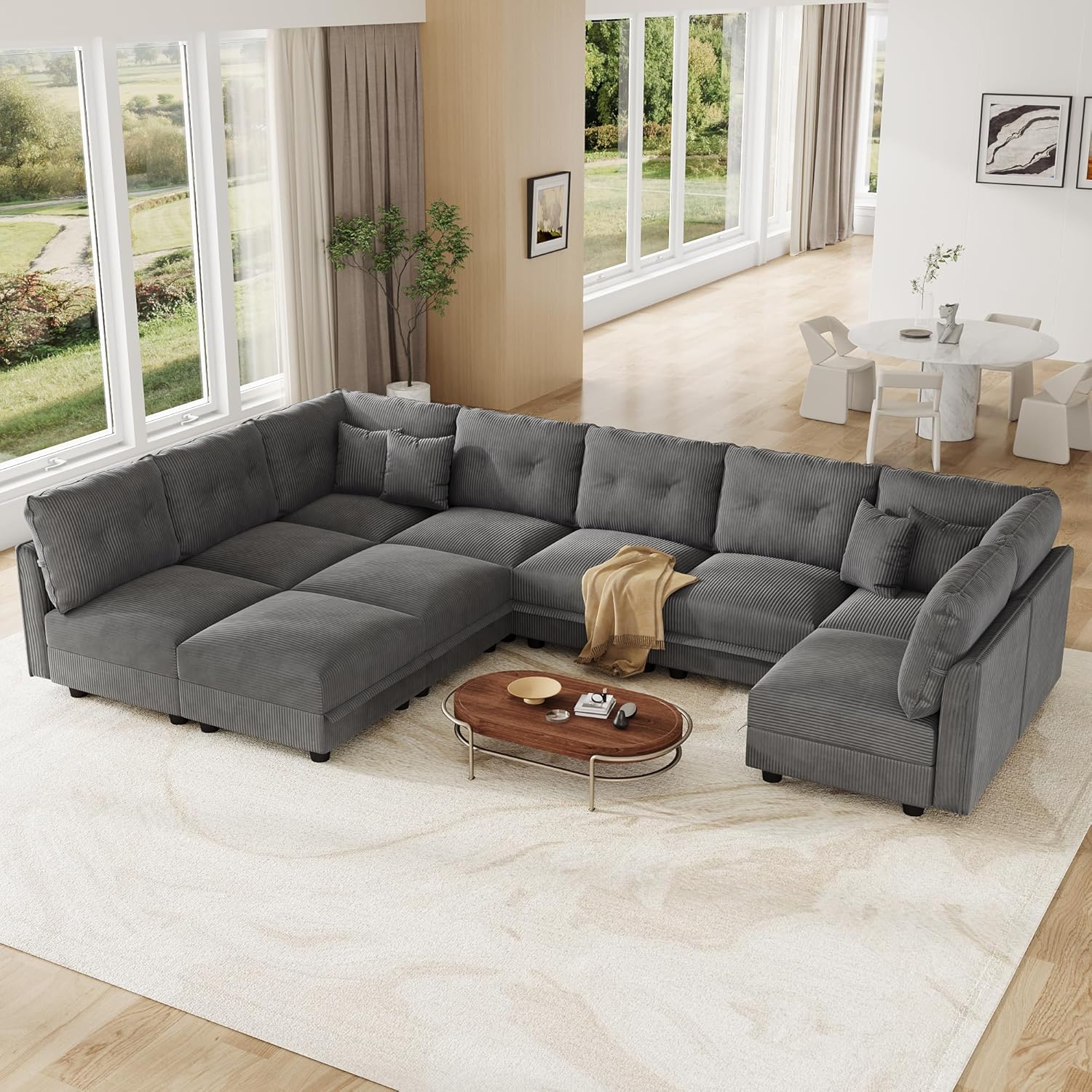 LLappuil Large Modular Sectional Sofa with Storage Seats, Corduroy U-Shaped Convertible Couch for
