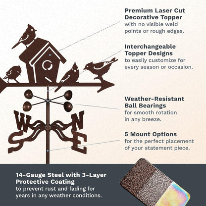 EZ Vane Birdhouse Weathervane — Roof Mount, Wind Cups, Antique Copper Finish, Steel with Durable