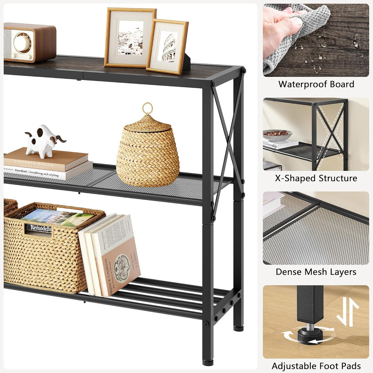 Hoctieon Industrial Console Table, 3 Tier Entryway Table, Hallway Table, Narrow Sofa Table with