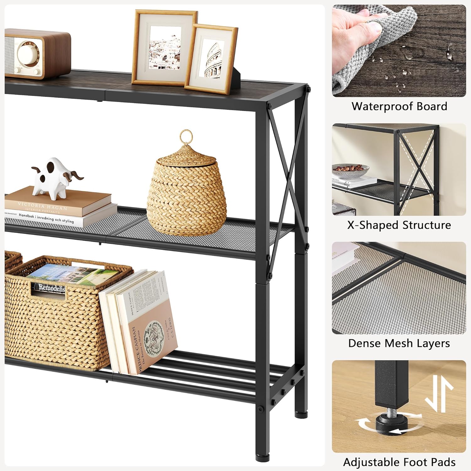 Hoctieon Industrial Console Table, 3 Tier Entryway Table, Hallway Table, Narrow Sofa Table with