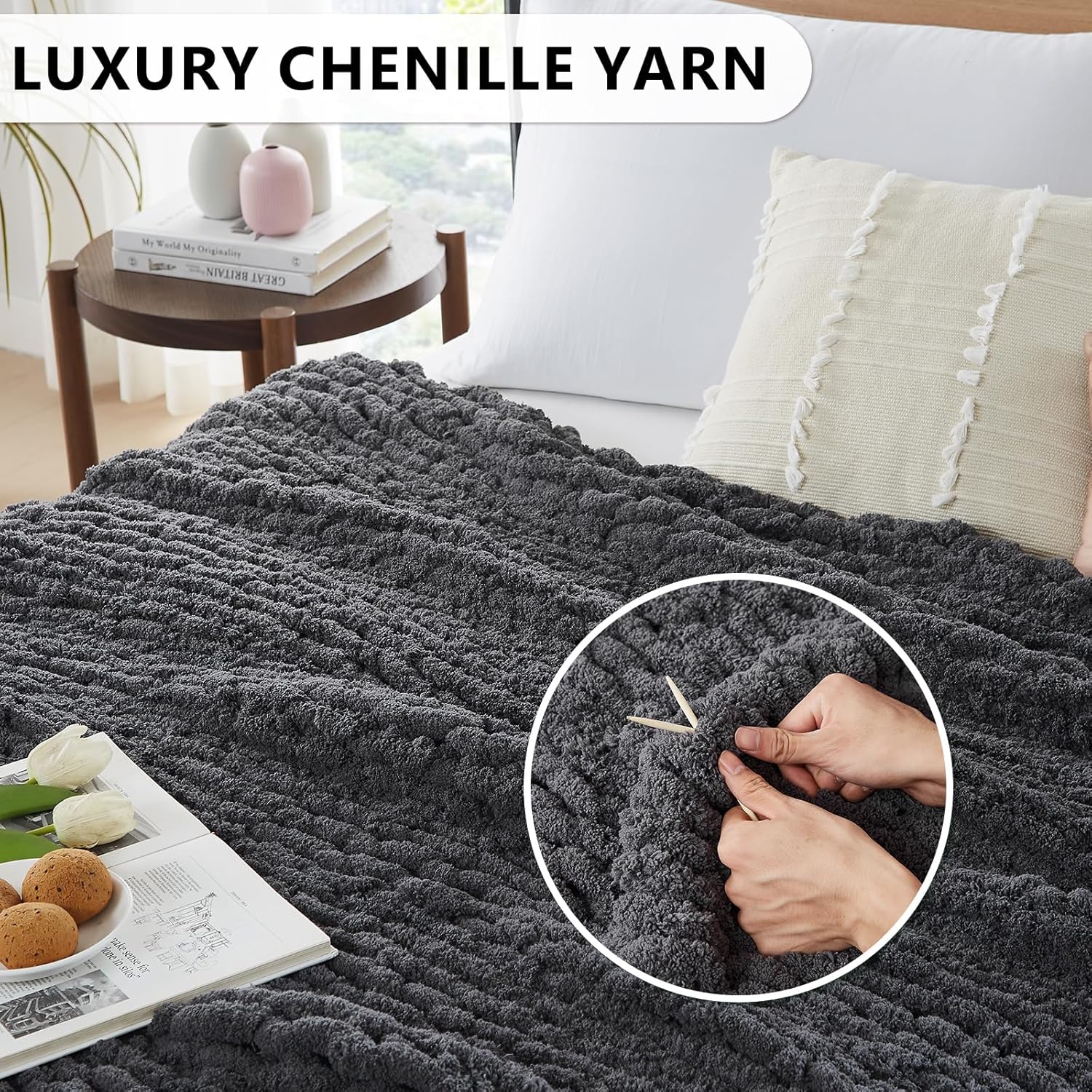 L'AGRATY Chunky Knit Blanket Throw - Soft Chunky Throw Blanket 30x40: 100% Hand Kintted Chenile