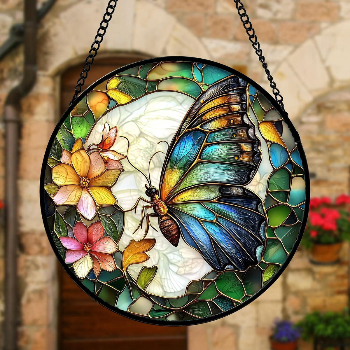 Stained Glass Window Hanging, Butterfly Flower Sun Catchers Diamond Glass Panel Hangings Insect