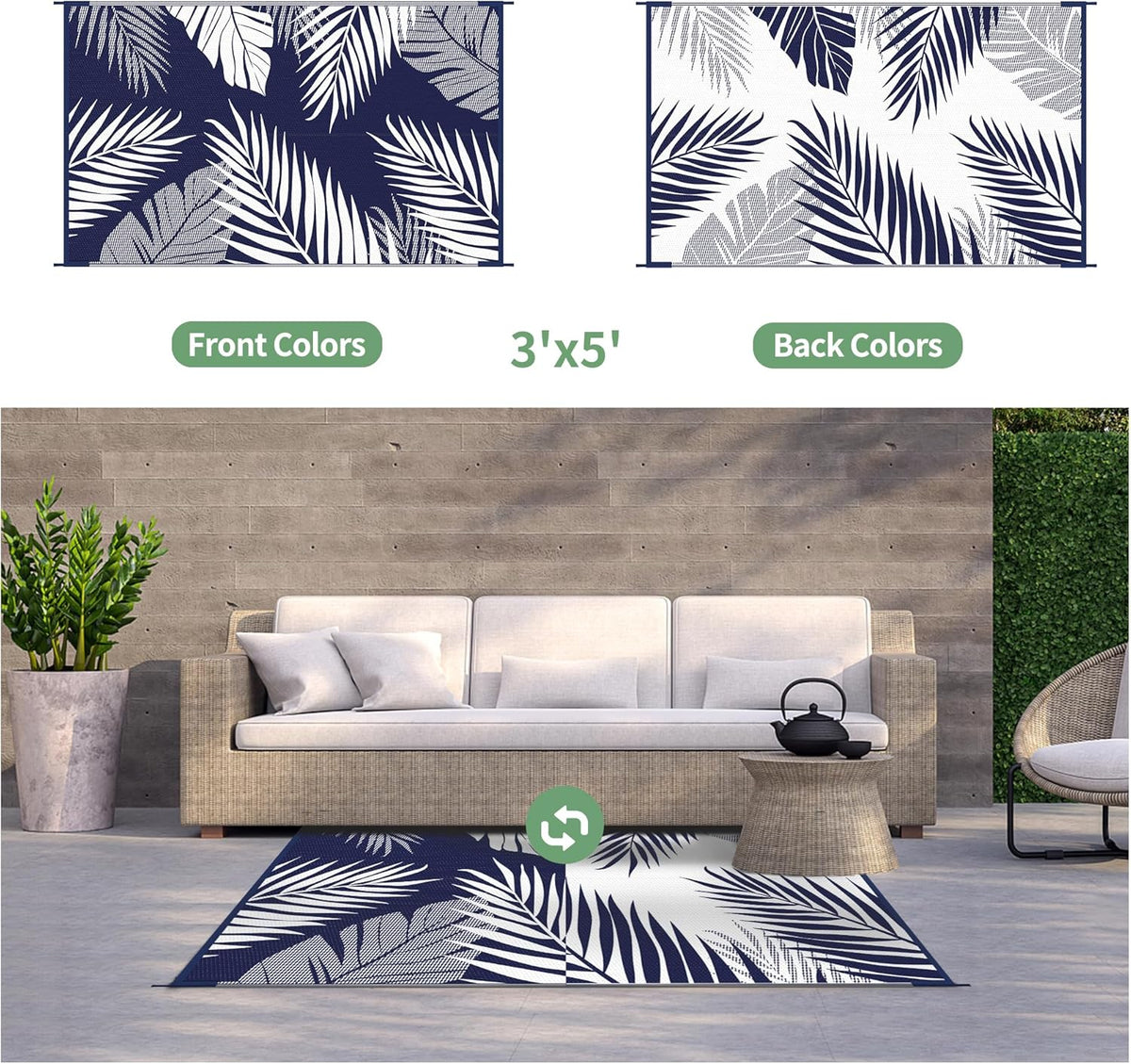 GENIMO Outdoor Rug 3' x 5' Waterproof for Patios Clearance, Reversible Outdoor Plastic Straw