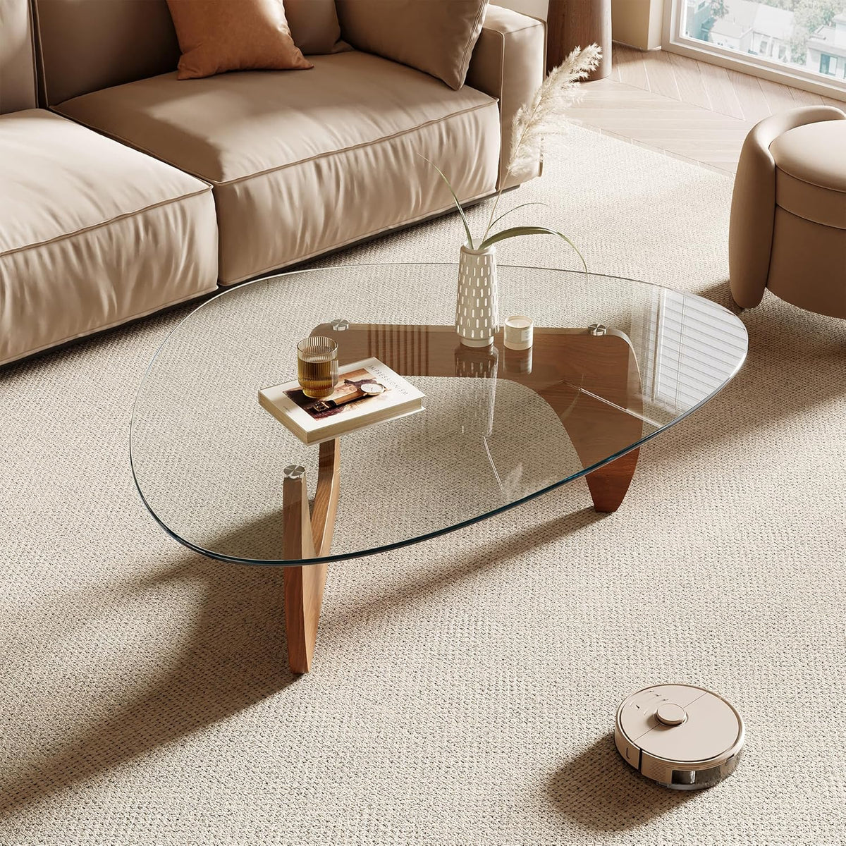 Honyee Morden Coffee Table, 42.5" x 28.5" x 16.1" Triangle Tempered Glass Top for Living Room