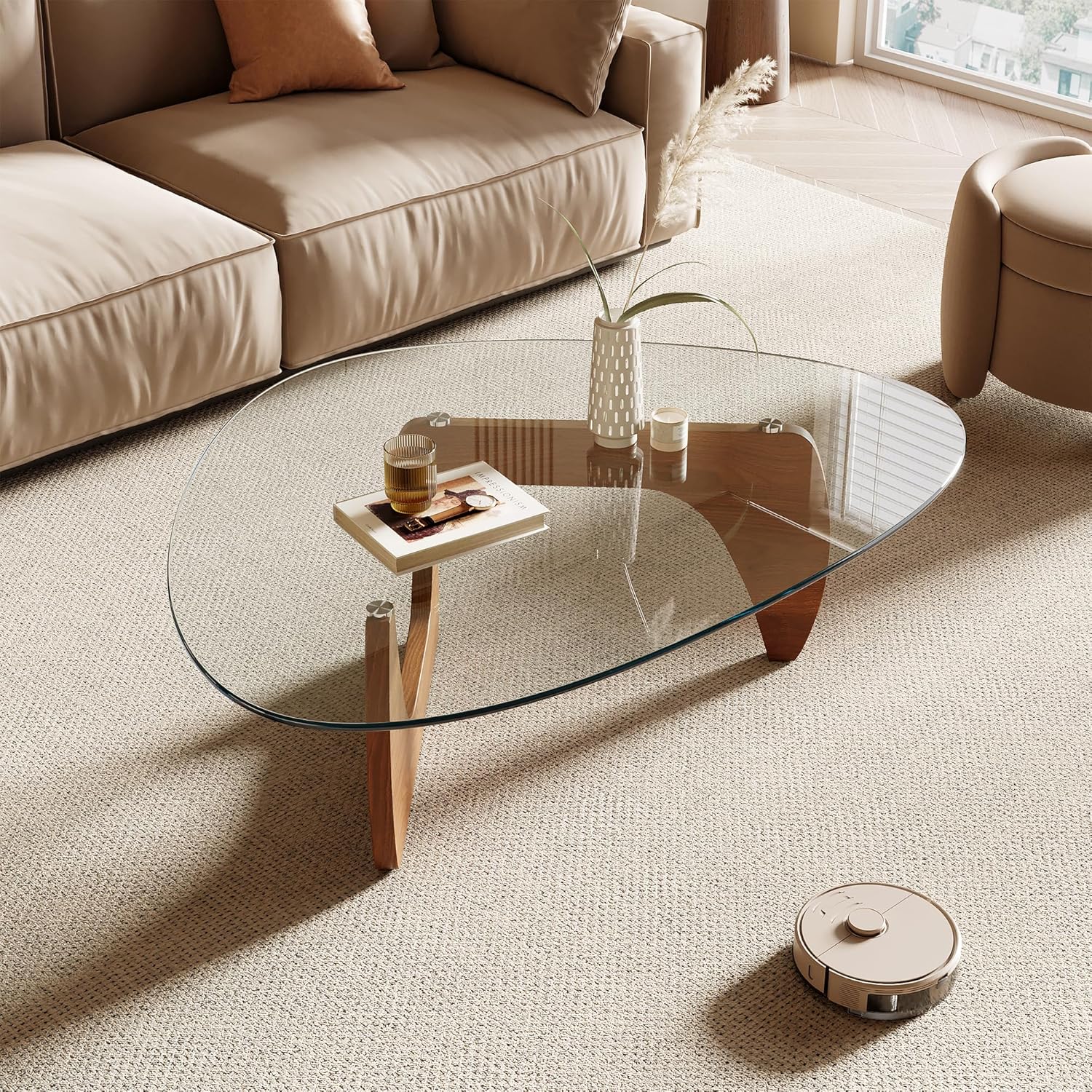 Honyee Morden Coffee Table, 42.5" x 28.5" x 16.1" Triangle Tempered Glass Top for Living Room