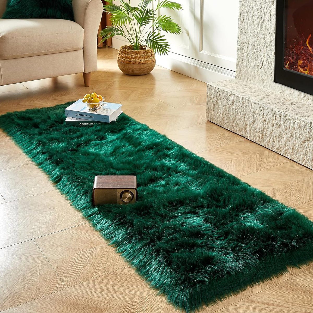 AMTOVO Faux Fur Rug, Dark Green Ultra Soft Fluffy Shag Sheepskin Rug, 2 x 6 ft Runner Area Rugs for