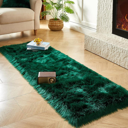 AMTOVO Faux Fur Rug, Dark Green Ultra Soft Fluffy Shag Sheepskin Rug, 2 x 6 ft Runner Area Rugs for