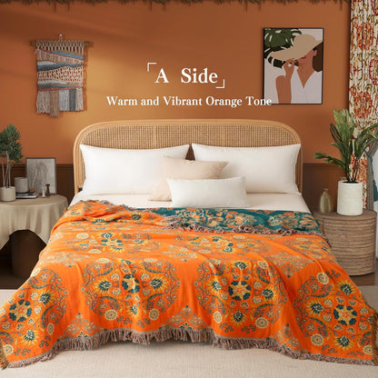 Boho Throw Blanket Full Size, Extra Large Soft Cozy Cotton Muslin Quilt Blanket for Bed Decor