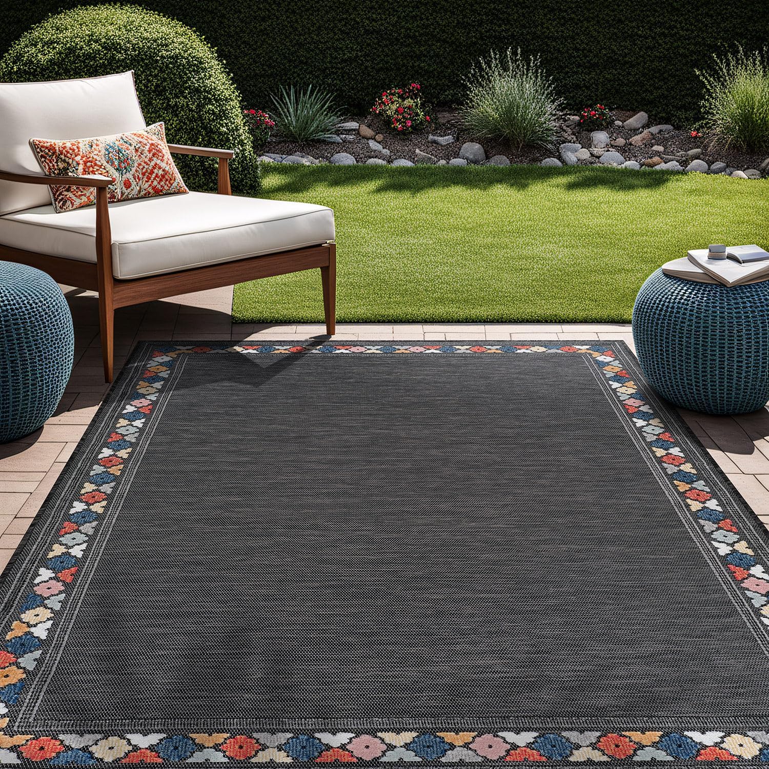 Beverly Rug Outdoor Rug 8x10 Modern Bordered Area Rugs for Indoor and Outdoor Patio Easy to Clean