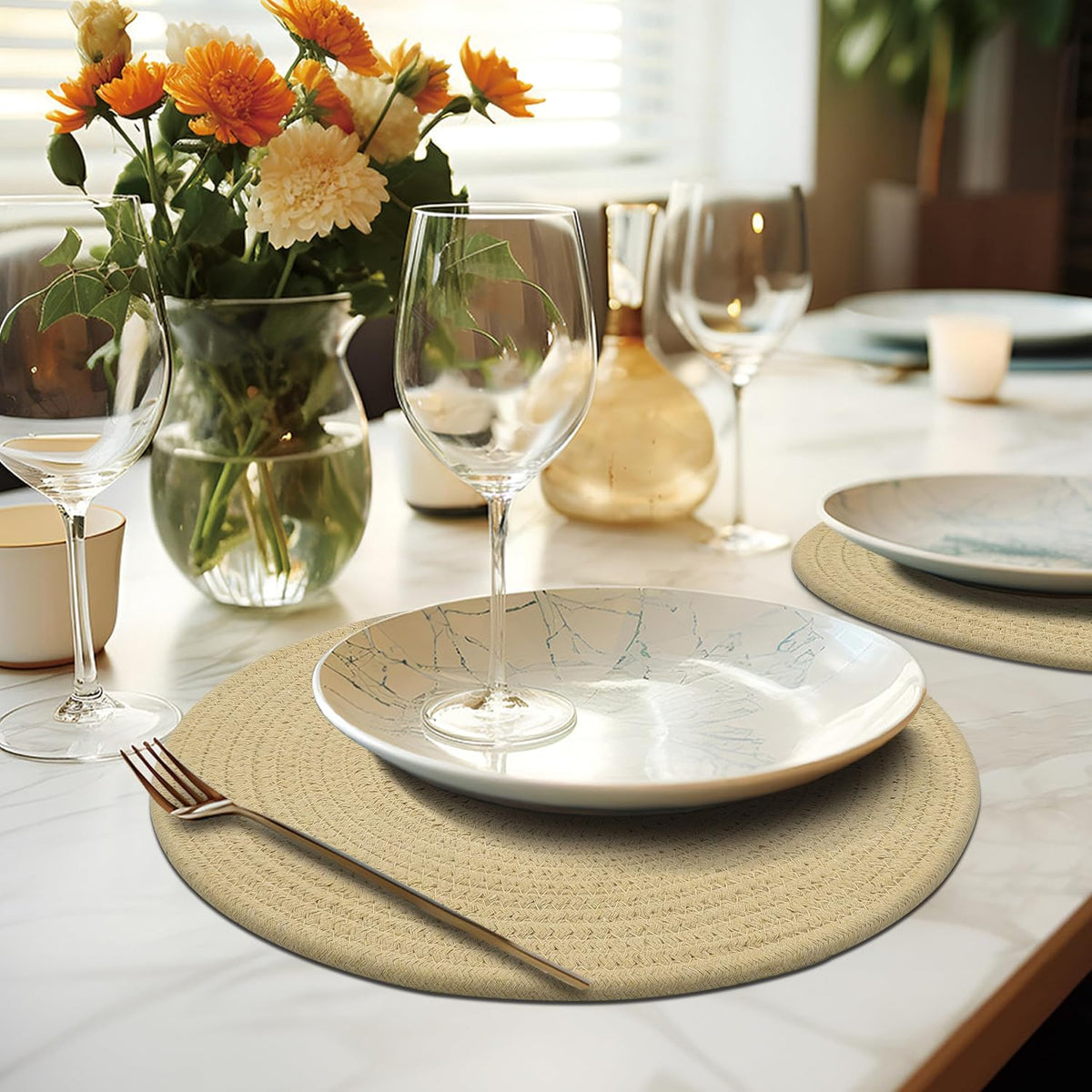 Round Placemats Set of 6, Cotton Rope Woven Table Mats, Hot Pads for Kitchen, Non Slip Heat